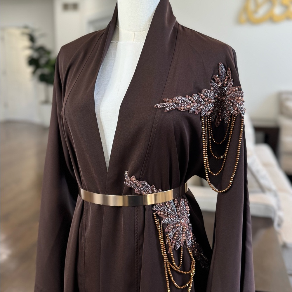 Elegant Brown Embellished Modest Wear Kimono Abaya